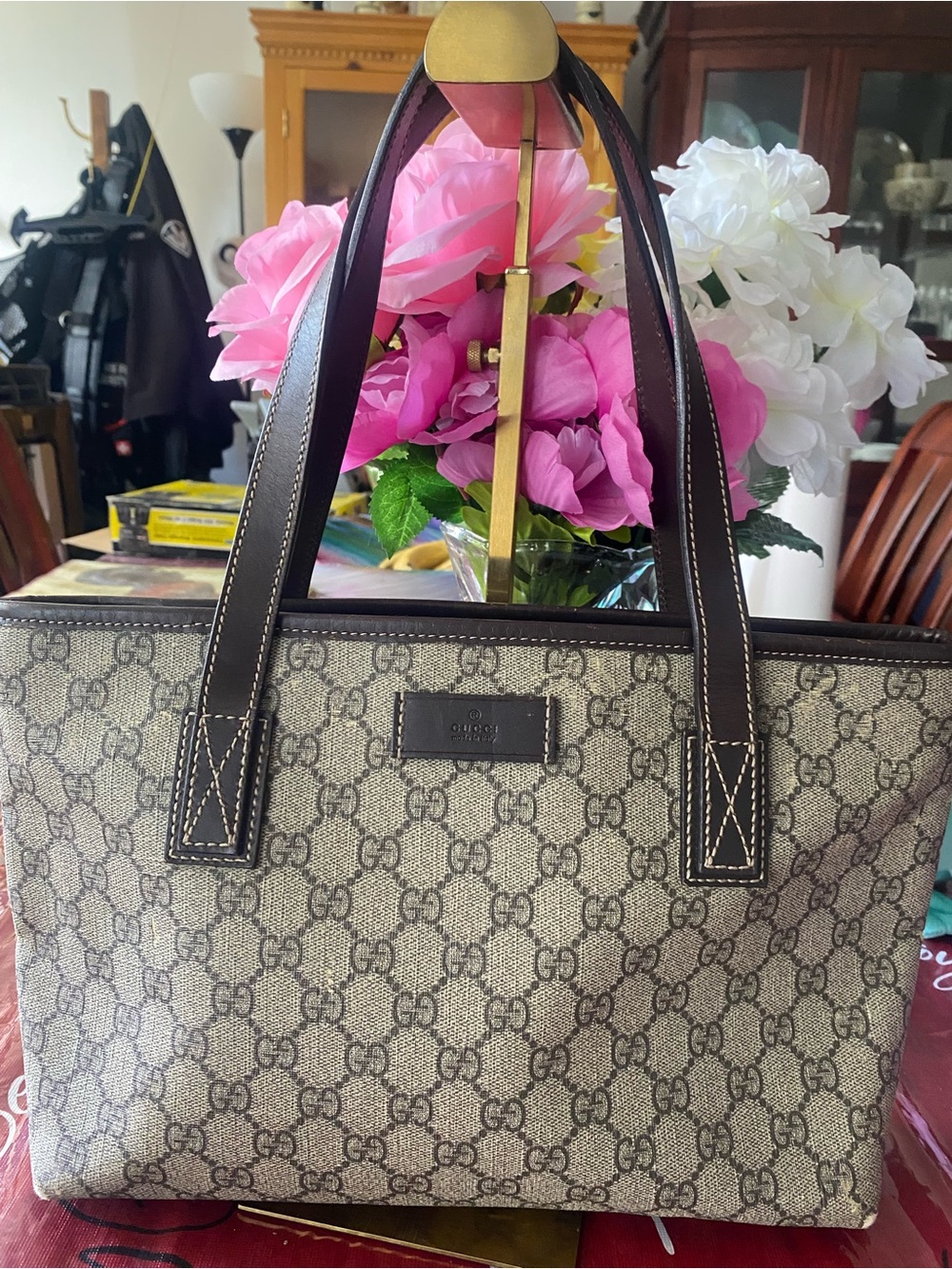 Gucci GG Canvas Tote with Dark Brown Leather Handles